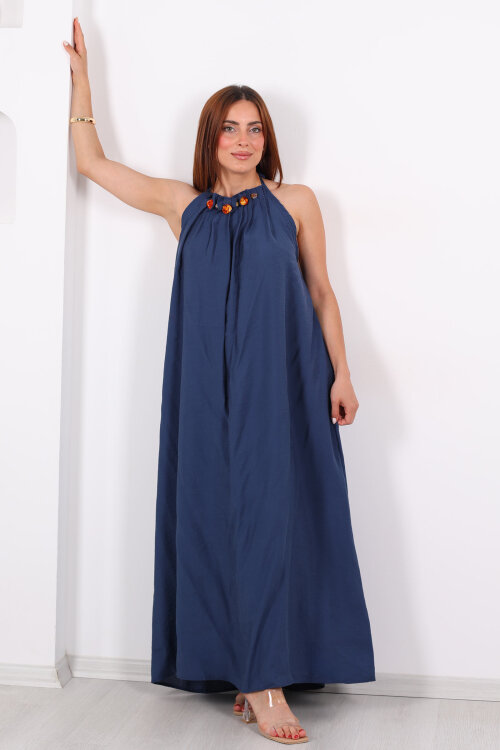 Boyundan Bağlamalı Boncuklu Marin Uzun Kadın Elbise - 8