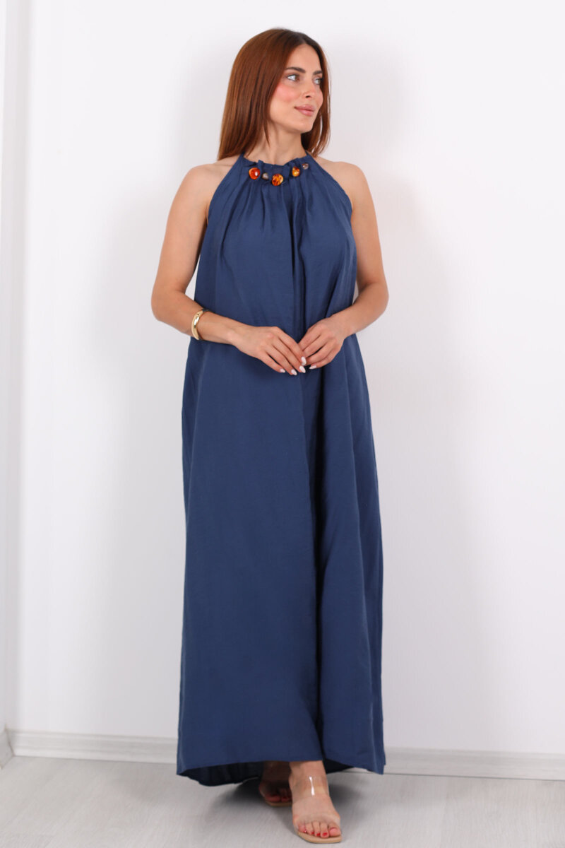 Boyundan Bağlamalı Boncuklu Marin Uzun Kadın Elbise - 3