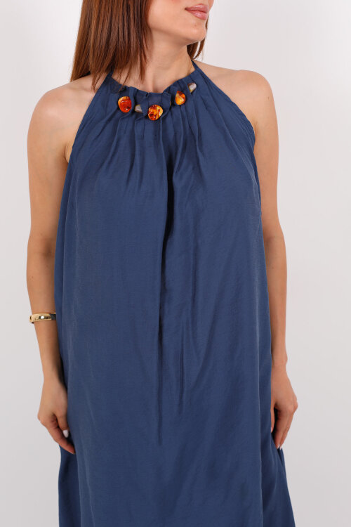 Boyundan Bağlamalı Boncuklu Marin Uzun Kadın Elbise - 4