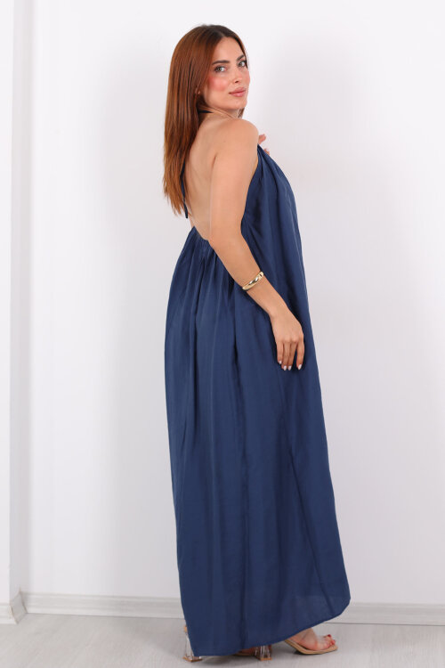 Boyundan Bağlamalı Boncuklu Marin Uzun Kadın Elbise - 6