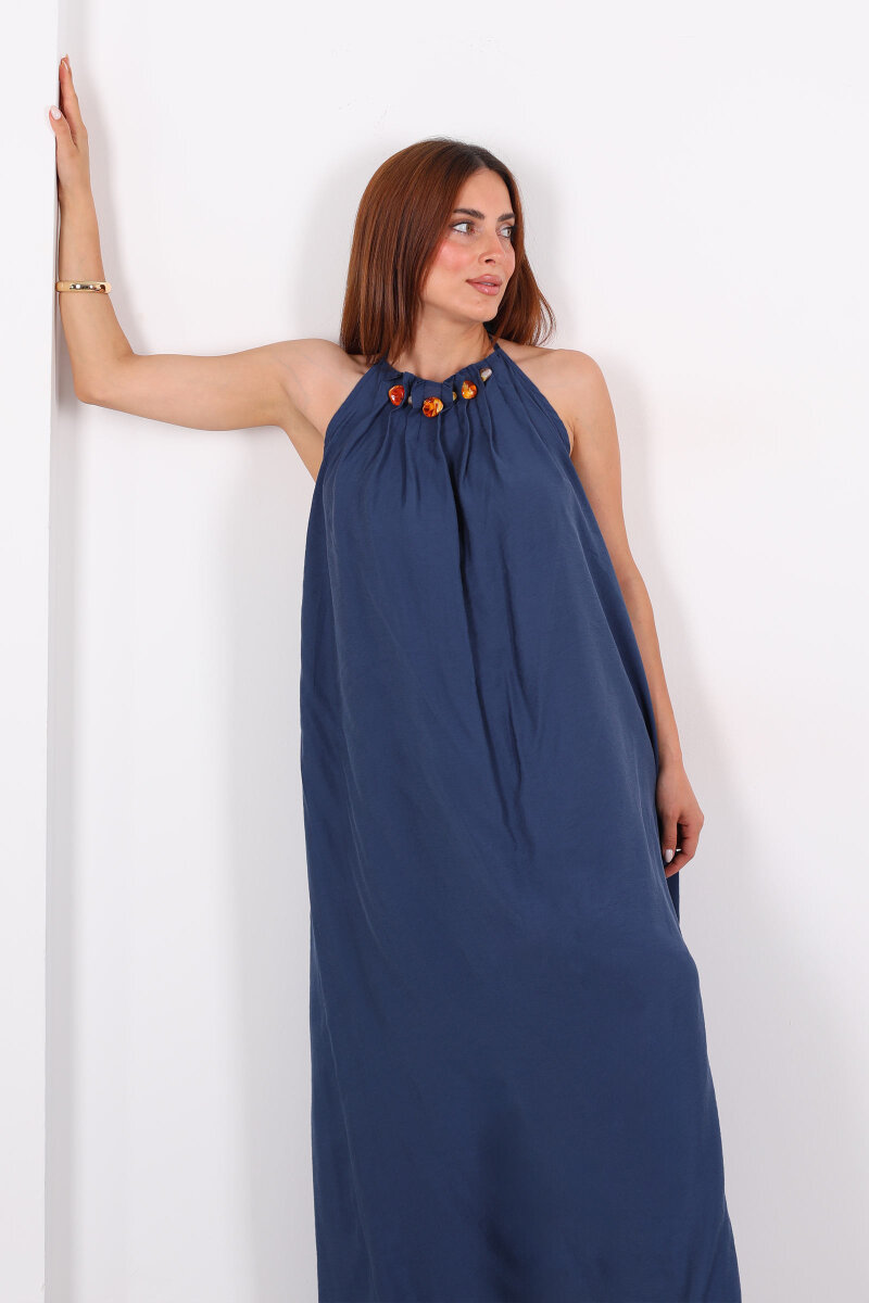 Boyundan Bağlamalı Boncuklu Marin Uzun Kadın Elbise - 1