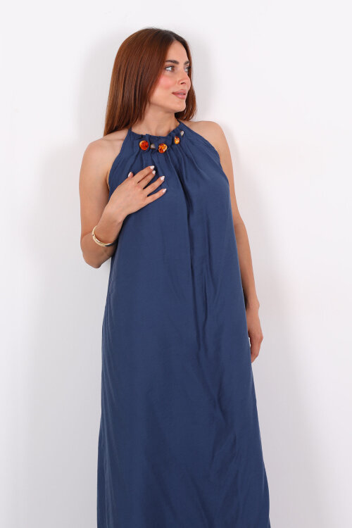 Boyundan Bağlamalı Boncuklu Marin Uzun Kadın Elbise - 7