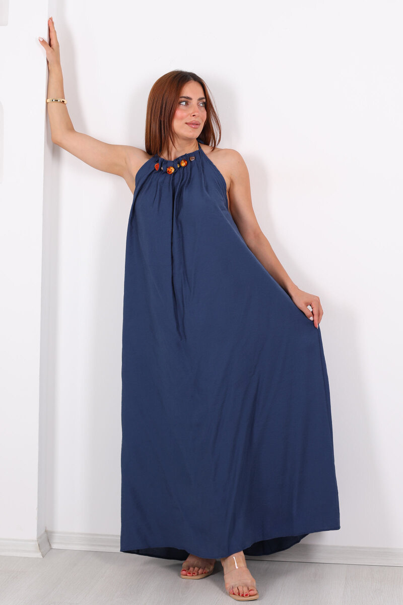 Boyundan Bağlamalı Boncuklu Marin Uzun Kadın Elbise - 5