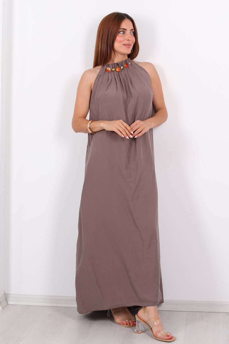 Boyundan Bağlamalı Boncuklu Vizon Uzun Kadın Elbise - 1