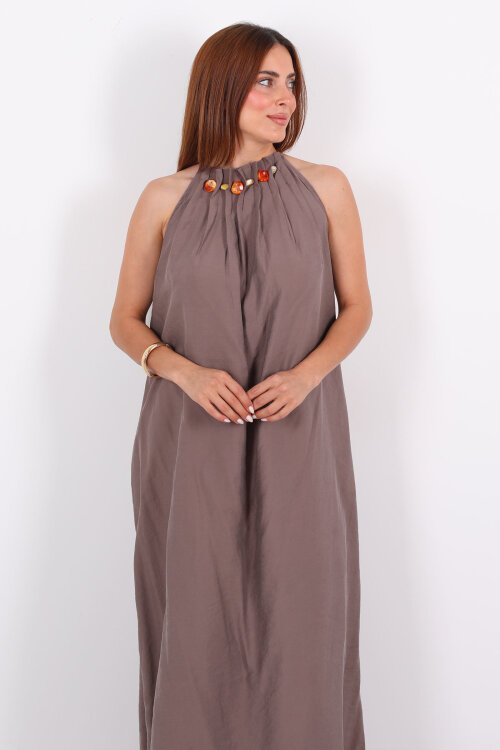 Boyundan Bağlamalı Boncuklu Vizon Uzun Kadın Elbise - 7