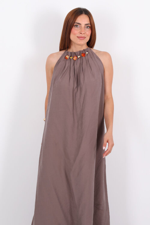 Boyundan Bağlamalı Boncuklu Vizon Uzun Kadın Elbise - 4