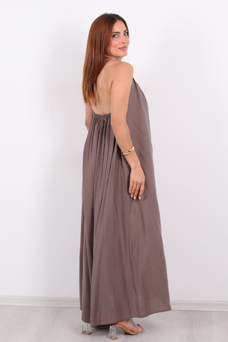 Boyundan Bağlamalı Boncuklu Vizon Uzun Kadın Elbise - 2