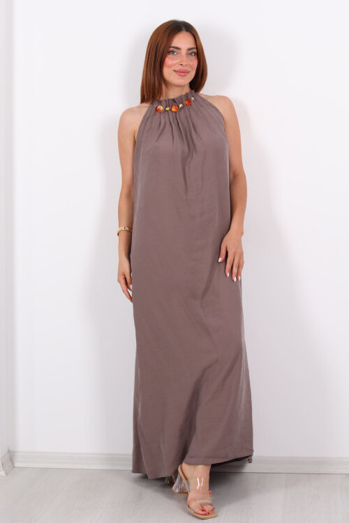 Boyundan Bağlamalı Boncuklu Vizon Uzun Kadın Elbise - 5