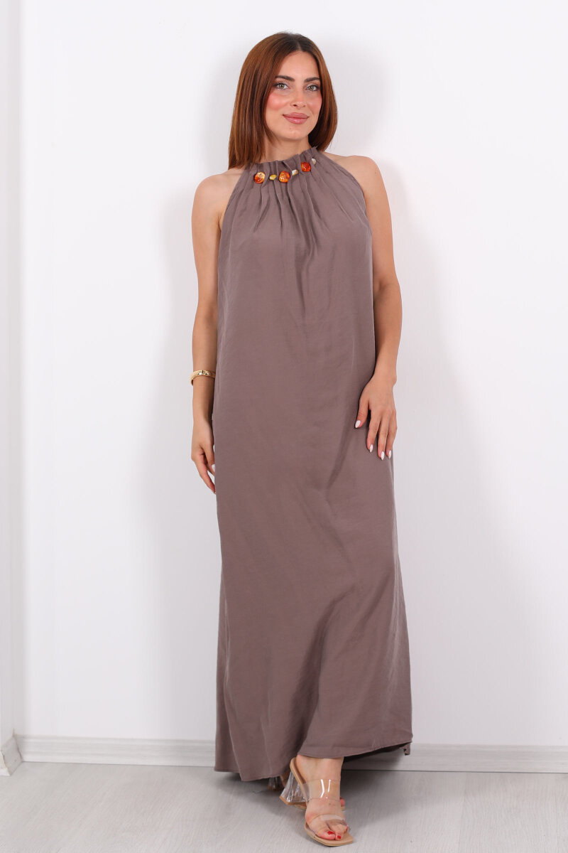 Boyundan Bağlamalı Boncuklu Vizon Uzun Kadın Elbise - 5