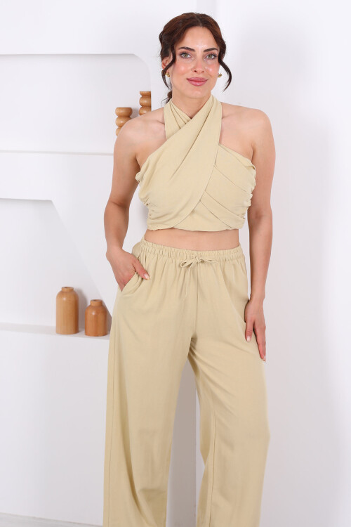 Boyundan Bağlamalı Crop-Pantolon Kadın Fıstık Yeşili Keten Takım - 7
