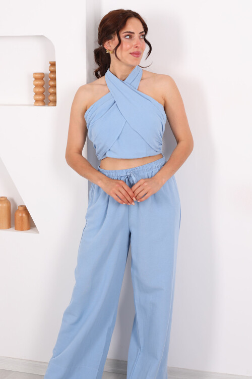 Boyundan Bağlamalı Crop-Pantolon Kadın Mavi Keten Takım - 5