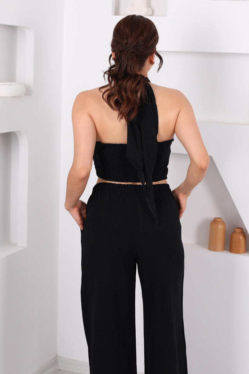 Boyundan Bağlamalı Crop-Pantolon Kadın Siyah Keten Takım - 6