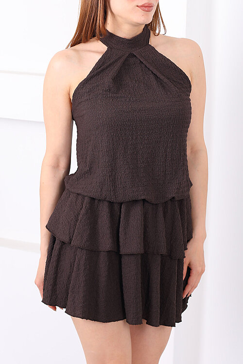 Boyundan Bağlamalı Fırfırlı Acı Kahve Kadın Mini Elbise - 5