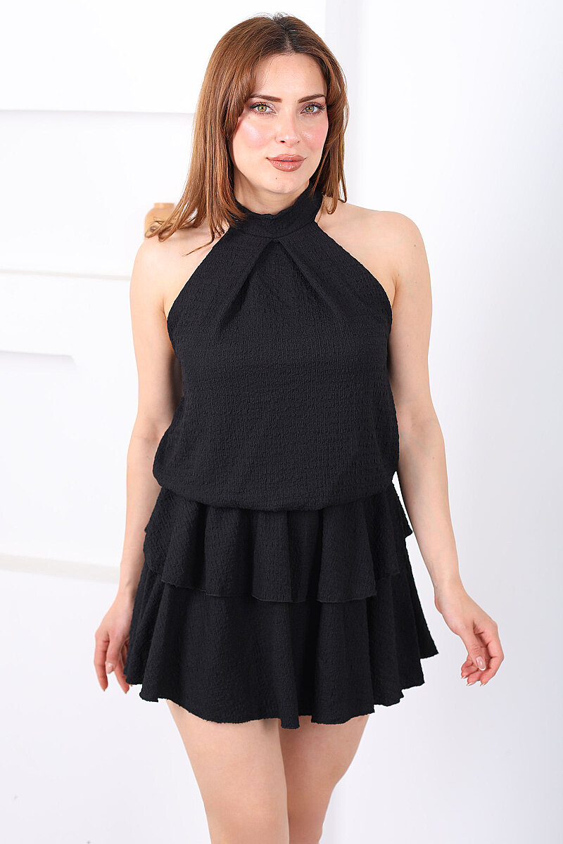 Boyundan Bağlamalı Fırfırlı Siyah Kadın Mini Elbise - 7