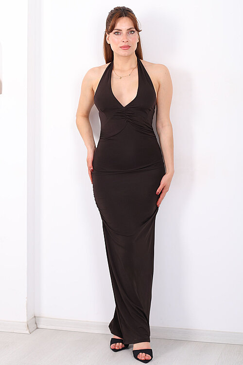 Boyundan Bağlamalı Önü Büzgülü Kadın Acı Kahve Maxi Elbise - 3