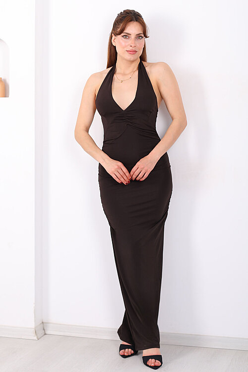 Boyundan Bağlamalı Önü Büzgülü Kadın Acı Kahve Maxi Elbise - 5