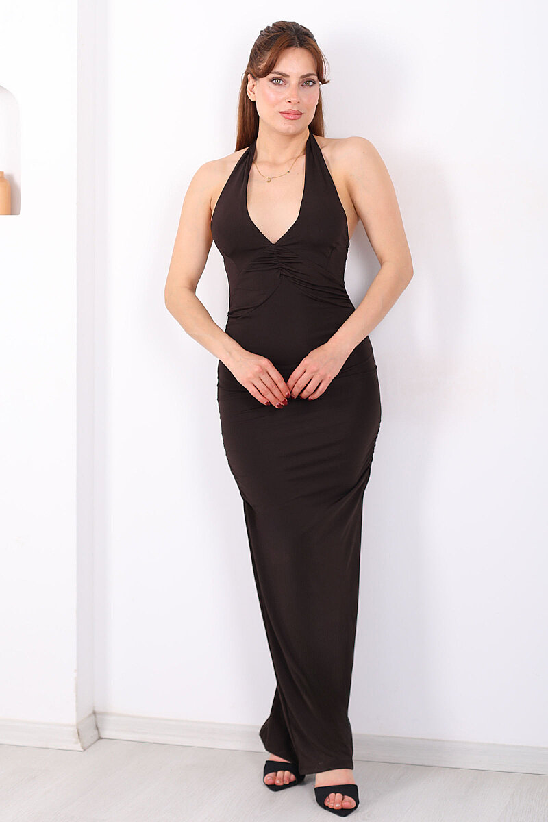 Boyundan Bağlamalı Önü Büzgülü Kadın Acı Kahve Maxi Elbise - 5