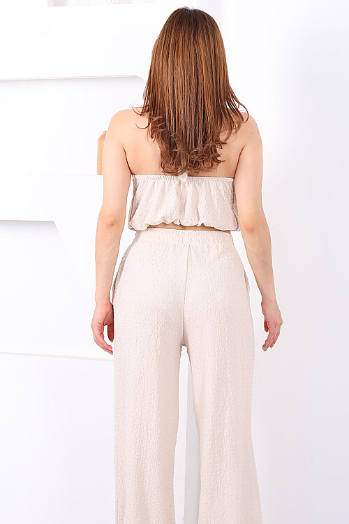 Boyundan Bağlamalı Paça Lastikli Krem Kadın Pantolon Takım - 5