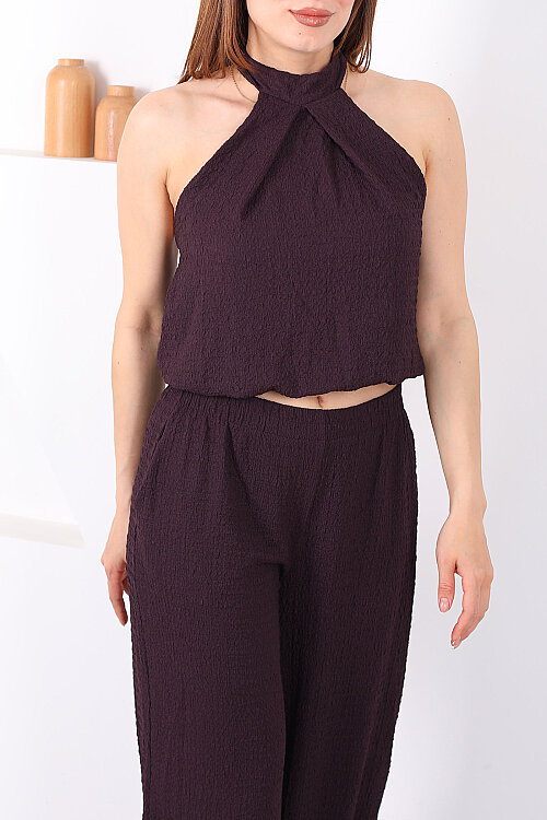 Boyundan Bağlamalı Paça Lastikli Mor Kadın Pantolon Takım - 5