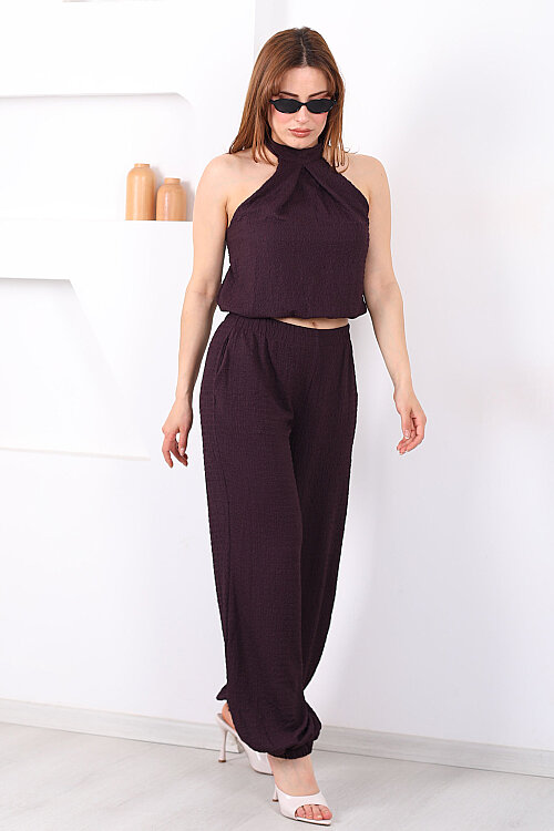 Boyundan Bağlamalı Paça Lastikli Mor Kadın Pantolon Takım - 4