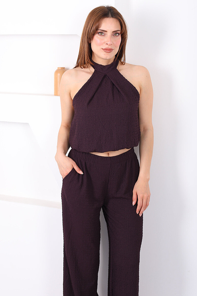 Boyundan Bağlamalı Paça Lastikli Mor Kadın Pantolon Takım - 6
