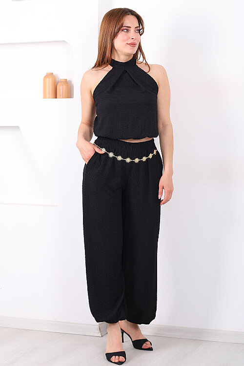 Boyundan Bağlamalı Paça Lastikli Siyah Kadın Pantolon Takım - 3