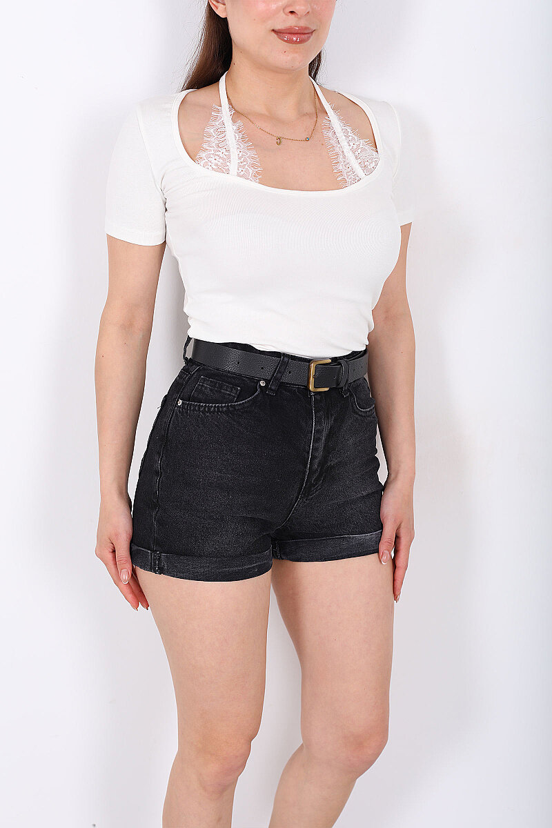 Boyundan Dantel Bağlamalı Kadın Ekru Body - 2