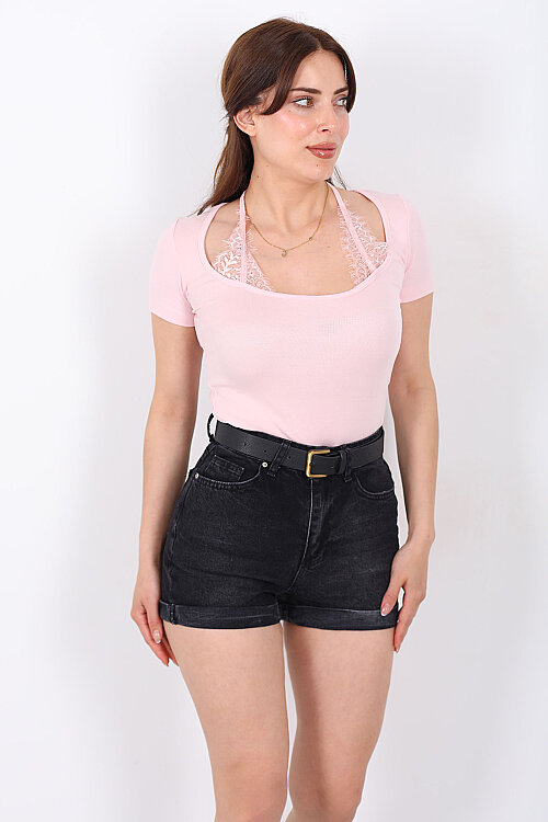 Boyundan Dantel Bağlamalı Kadın Pembe Body - 4