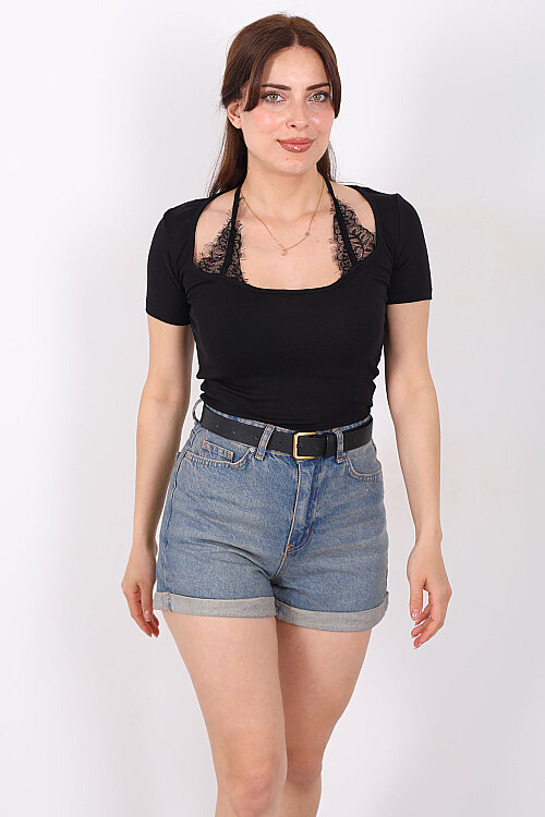 Boyundan Dantel Bağlamalı Kadın Siyah Body - 4