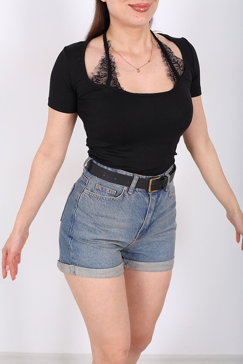 Boyundan Dantel Bağlamalı Kadın Siyah Body - 2