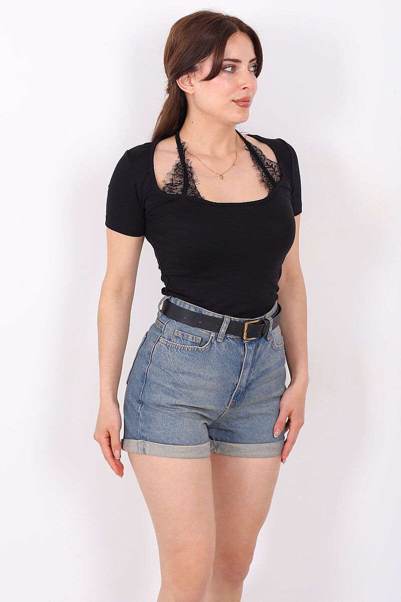 Boyundan Dantel Bağlamalı Kadın Siyah Body - 6