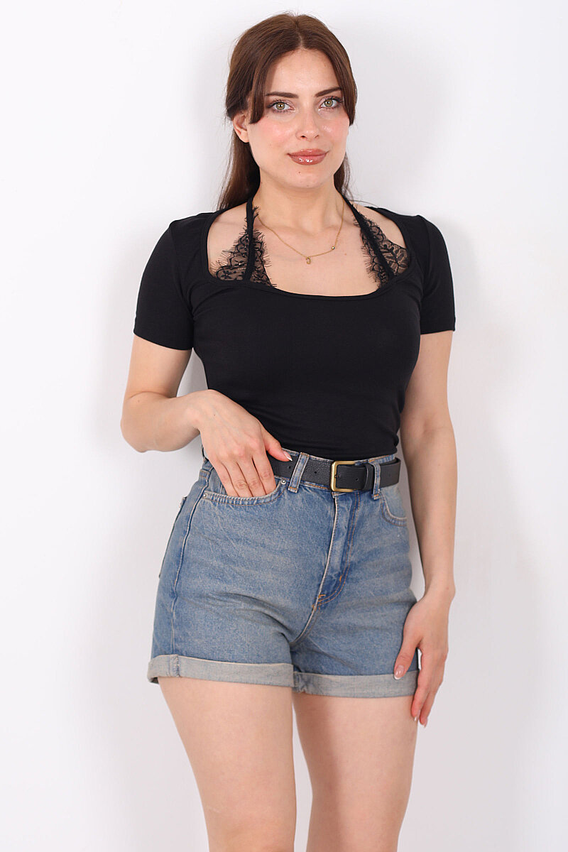 Boyundan Dantel Bağlamalı Kadın Siyah Body - 1