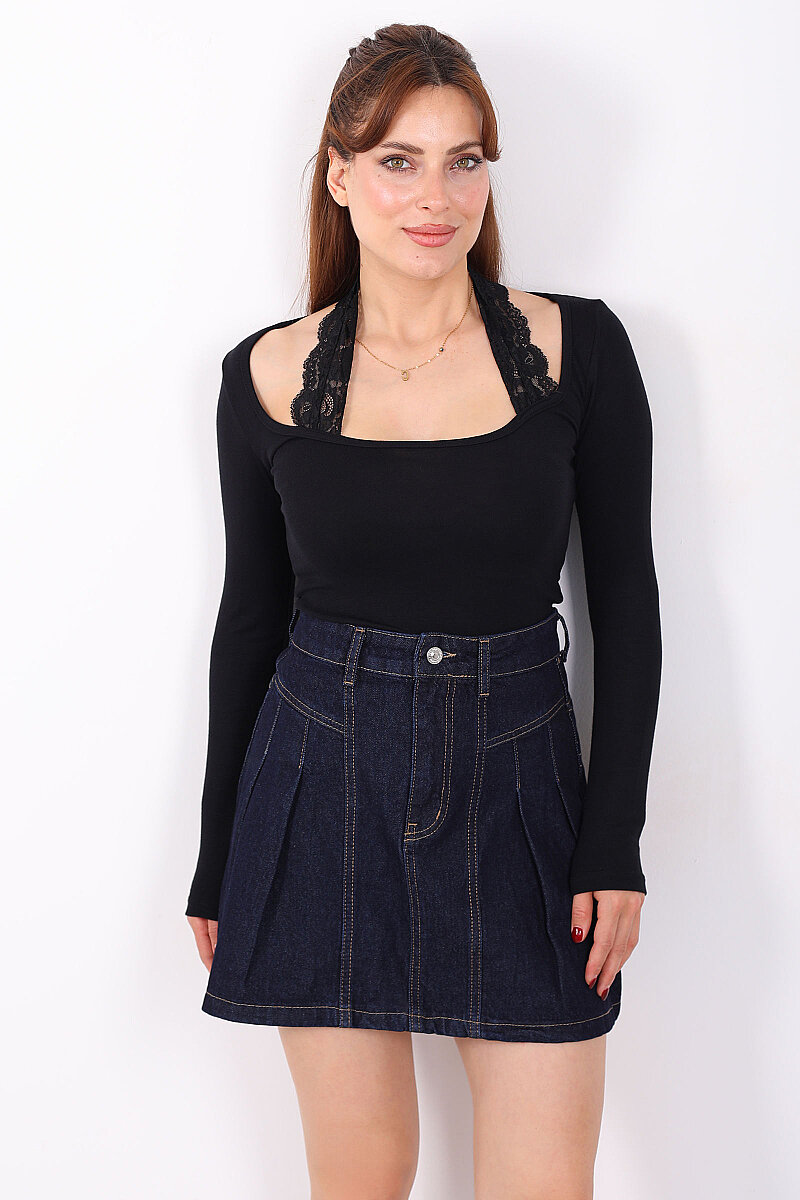 Boyundan Dantel Geçirmeli U Yaka Kadın Siyah Bluz - 5