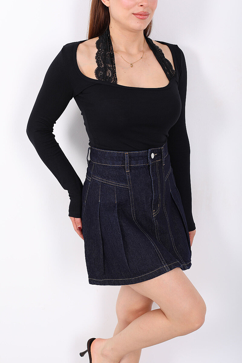 Boyundan Dantel Geçirmeli U Yaka Kadın Siyah Bluz - 2