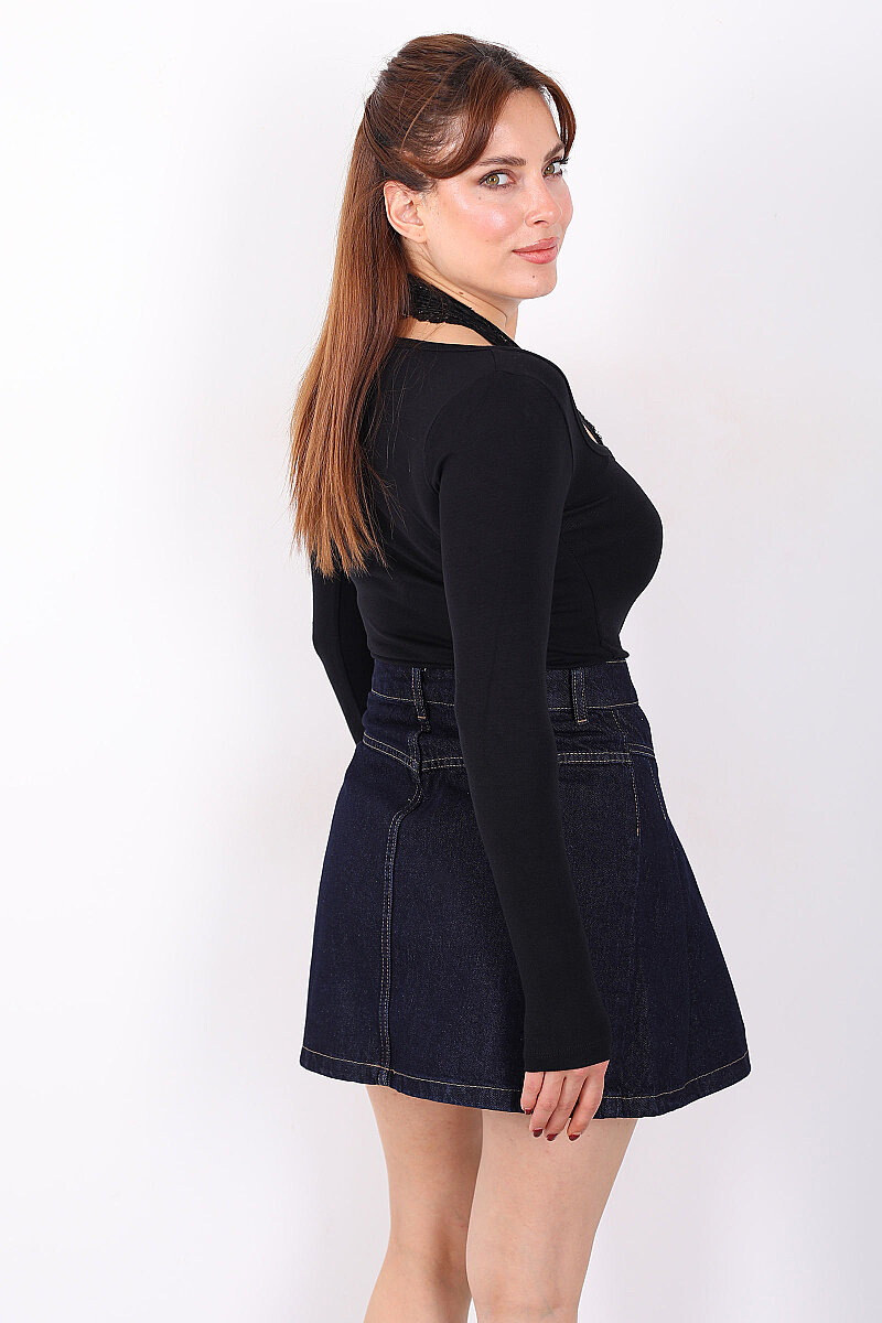 Boyundan Dantel Geçirmeli U Yaka Kadın Siyah Bluz - 4