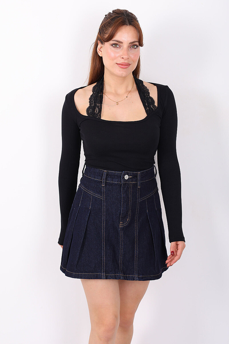 Boyundan Dantel Geçirmeli U Yaka Kadın Siyah Bluz - 3