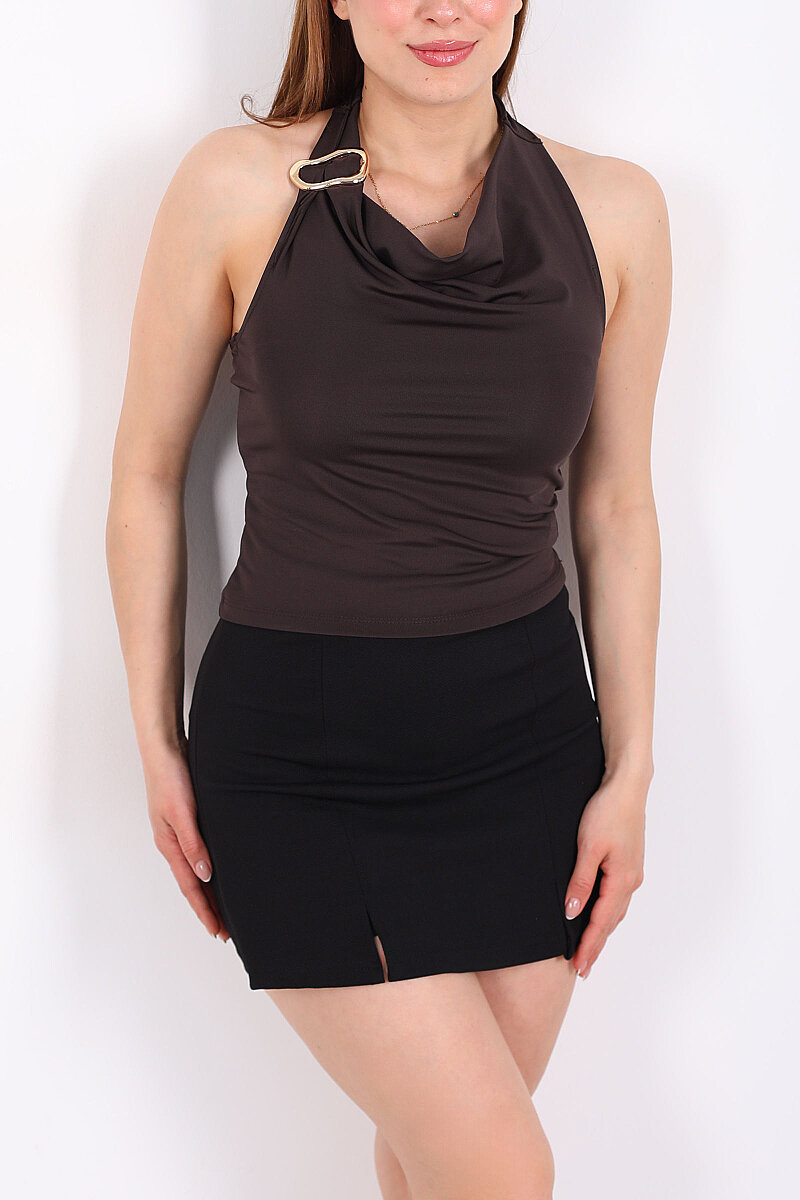 Boyundan Geçirmeli Aksesuarlı Degaje Yaka Kahverengi Kadın Bluz - 4