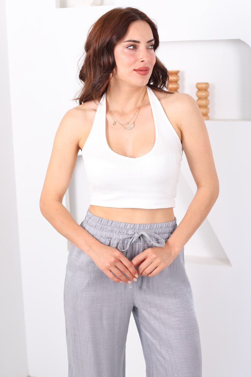 Boyundan Geçirmeli Beyaz Kadın Crop - 3