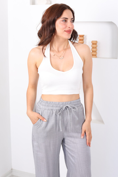 Boyundan Geçirmeli Beyaz Kadın Crop - 5