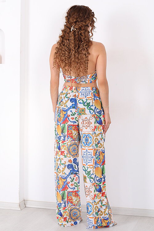 Boyundan Geçirmeli Crop-Pantolon Limon Desen Sarı Kadın Takım - 5