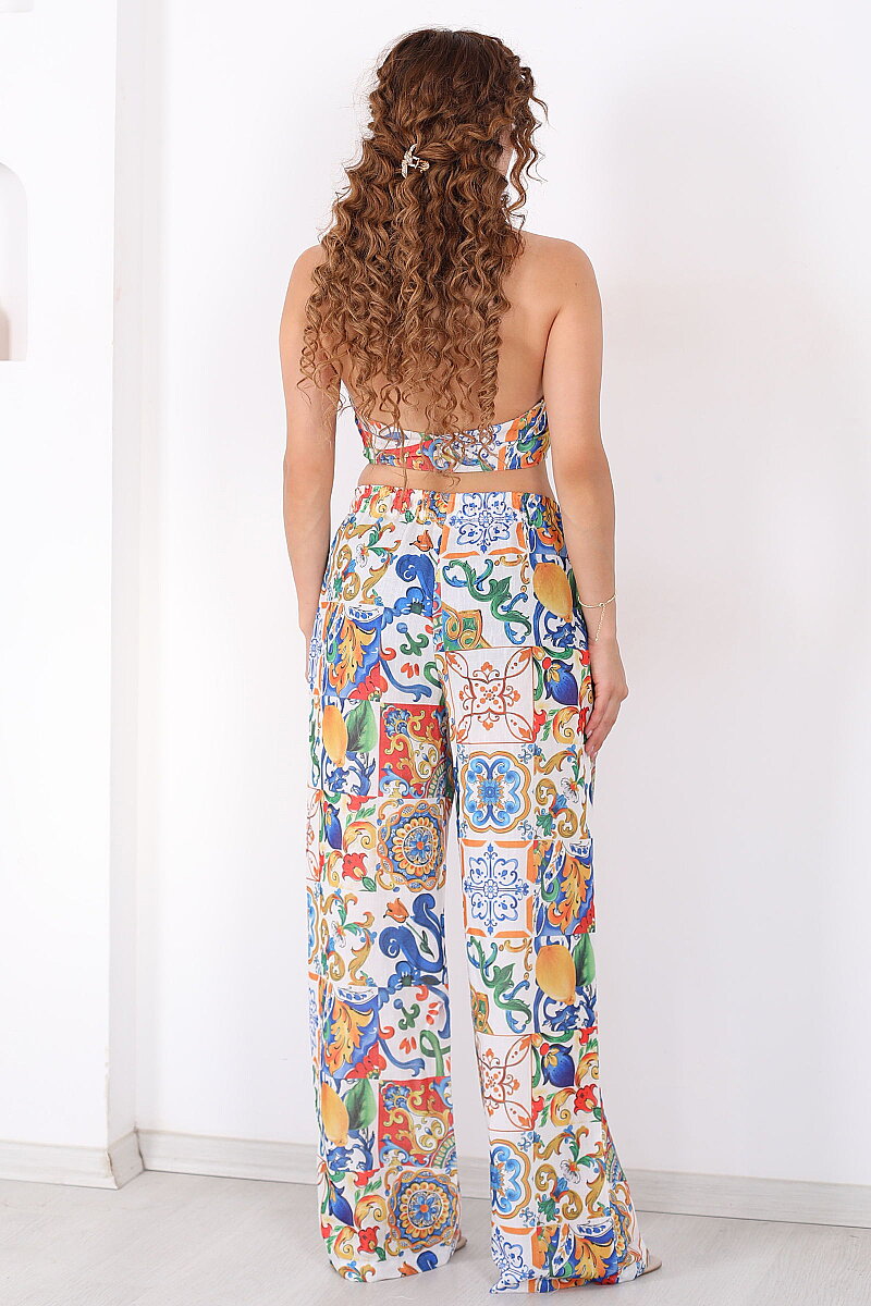 Boyundan Geçirmeli Crop-Pantolon Limon Desen Sarı Kadın Takım - 5