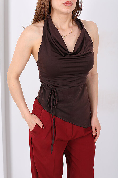 Boyundan Geçirmeli Degaje Sırtı Bağlamalı Kahverengi Kadın Bluz - 4