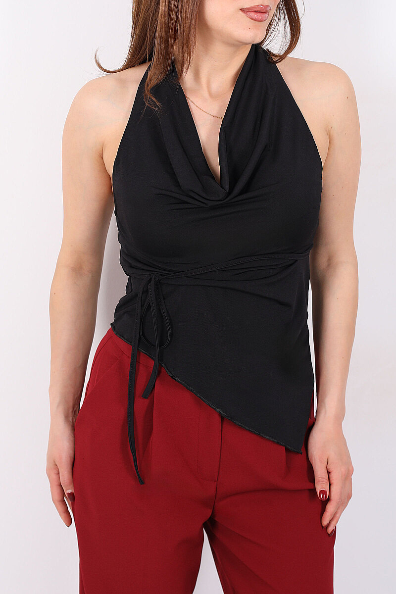 Boyundan Geçirmeli Degaje Sırtı Bağlamalı Siyah Kadın Bluz - 3