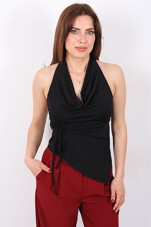 Boyundan Geçirmeli Degaje Sırtı Bağlamalı Siyah Kadın Bluz - 6