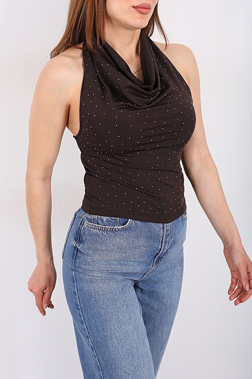 Boyundan Geçirmeli Degaje Yaka Kadın Kahverengi Taşlı Bluz - 4