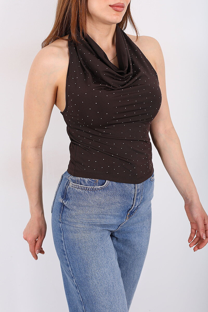 Boyundan Geçirmeli Degaje Yaka Kadın Kahverengi Taşlı Bluz - 4