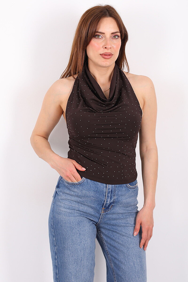 Boyundan Geçirmeli Degaje Yaka Kadın Kahverengi Taşlı Bluz - 3