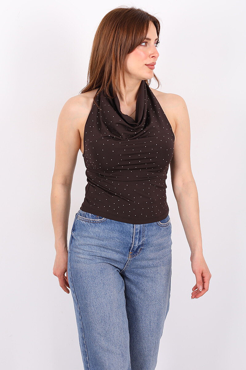 Boyundan Geçirmeli Degaje Yaka Kadın Kahverengi Taşlı Bluz - 5