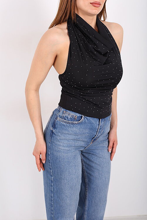 Boyundan Geçirmeli Degaje Yaka Kadın Siyah Taşlı Bluz - 5