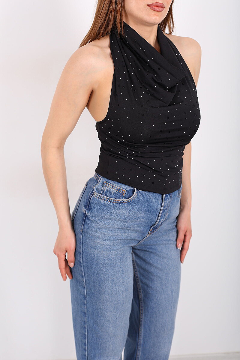 Boyundan Geçirmeli Degaje Yaka Kadın Siyah Taşlı Bluz - 5